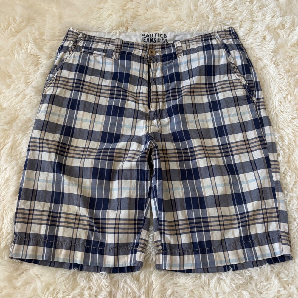 Nautica Jeans Co Mens Plaid Cotton Shorts Navy Blue White Tan Size 34W